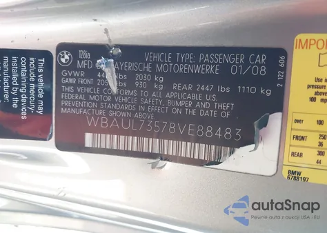 2008 BMW 128I z USA, uszkodzony, nr VIN WBAUL73578VE88483